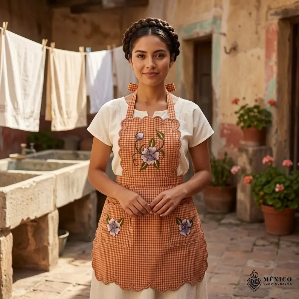Mexican Embroidered Bib Apron for Women – Multicolor with Floral Design
